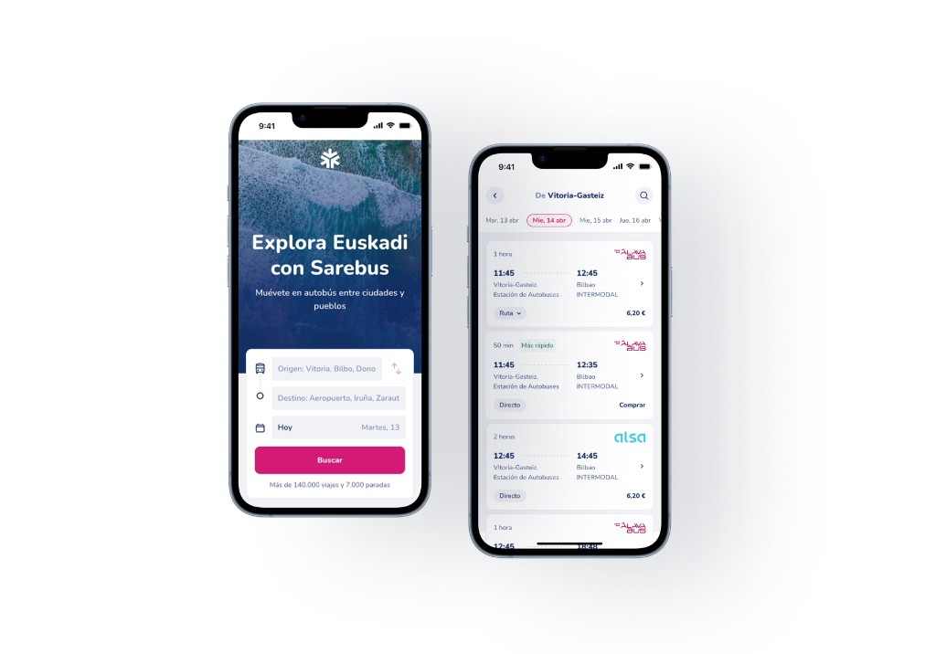 Dos iPhones con Sarebus: el buscador de origen, destino y fecha, y el listado de autobuses de Vitoria-Gasteiz a Bilbao