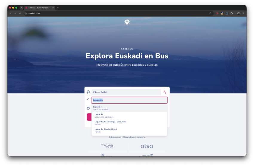 Buscador de Sarebus con origen Vitoria-Gasteiz y sugerencias de paradas al escribir Laguardia como destino