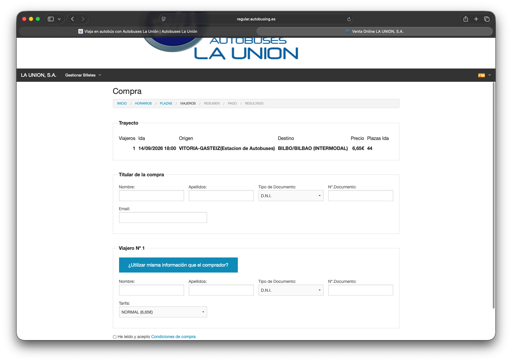 Formulario de datos del comprador y del viajero en la compra online de Autobuses La Unión