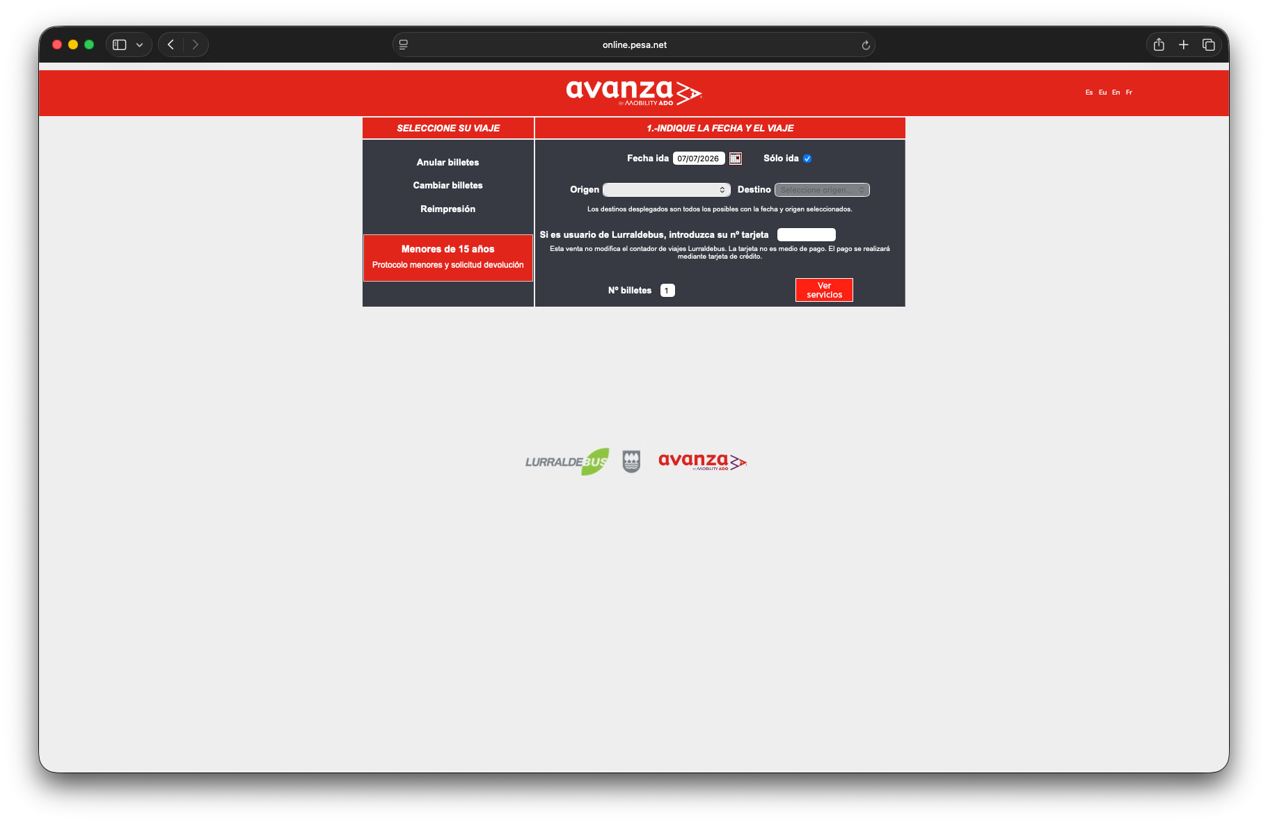 Detalle de un viaje en Sarebus con operador Lurraldebus y enlace de reserva hacia la web de Pesa Avanza