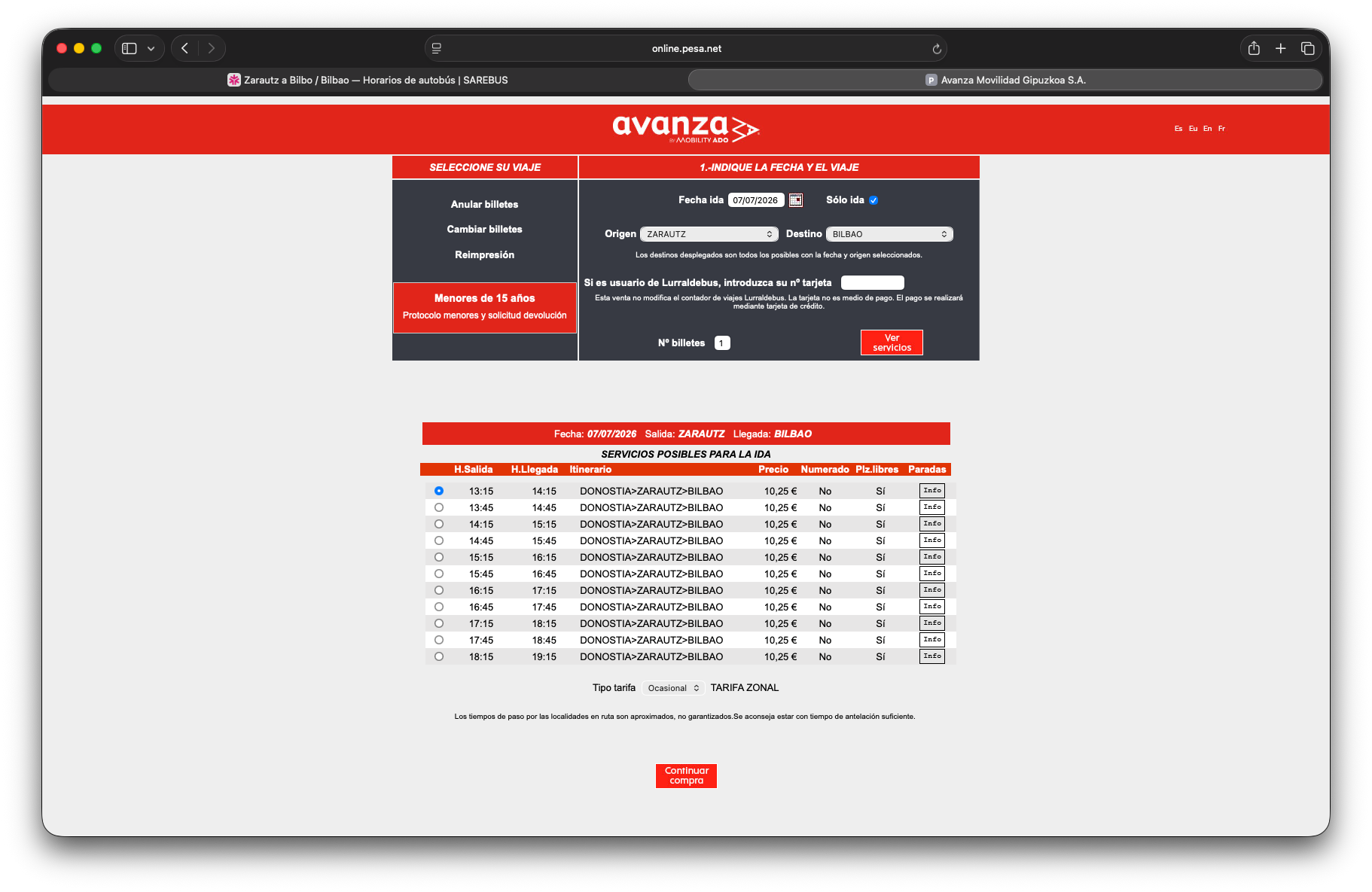 Formulario de compra en online.pesa.net con fecha, origen, destino, tarjeta Lurraldebus y número de billetes