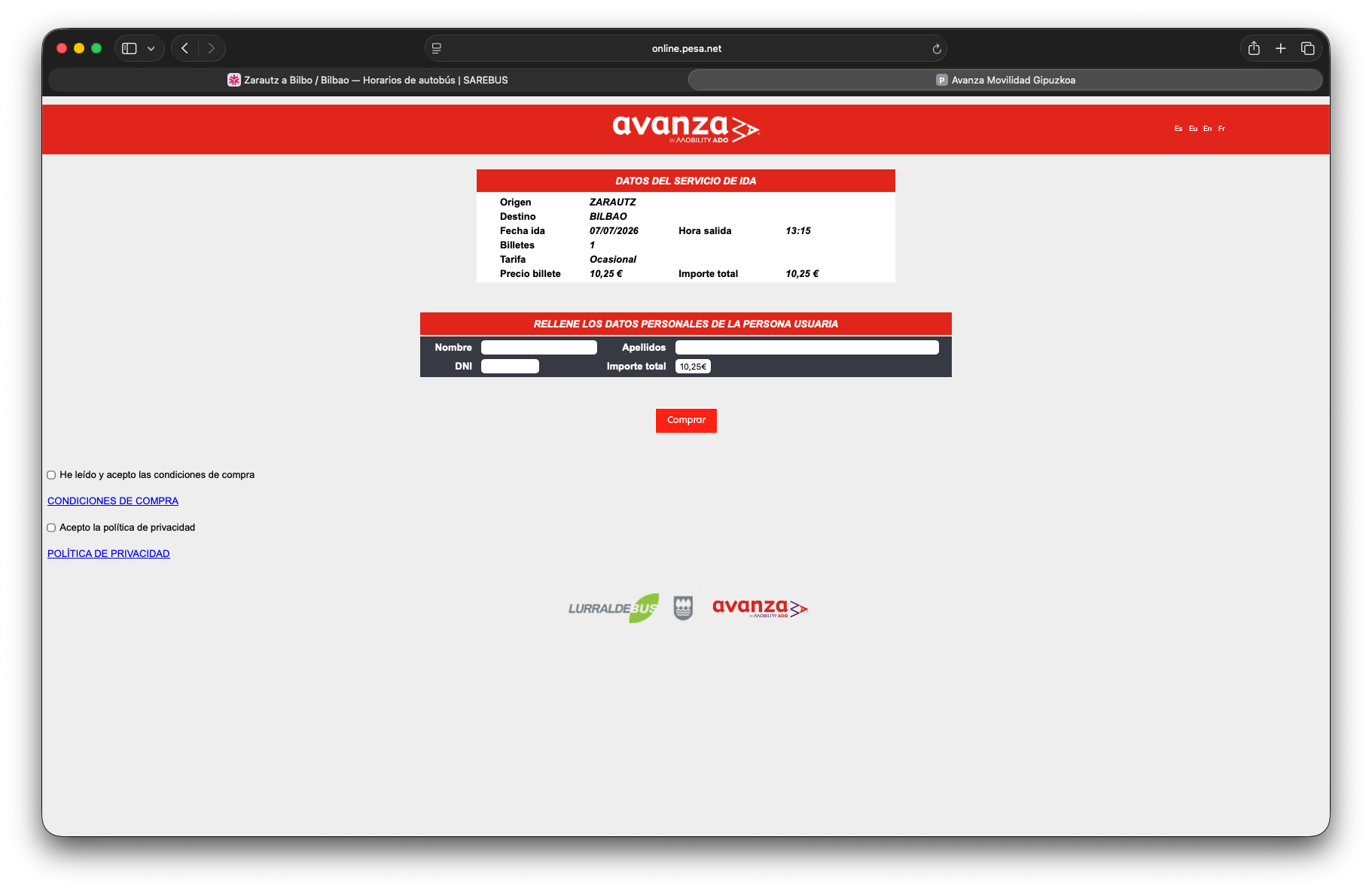 Tabla de horarios Zarautz–Bilbao en la web de Pesa Avanza con un viaje seleccionado y botón Continuar compra