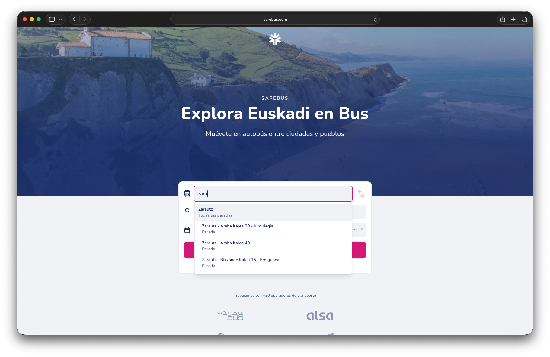 Buscador de Sarebus con sugerencias de paradas al escribir Zarautz como origen
