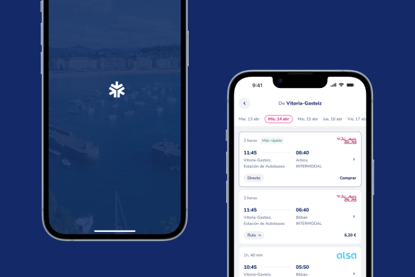 Mockups de la app Sarebus con resultados de búsqueda de autobús