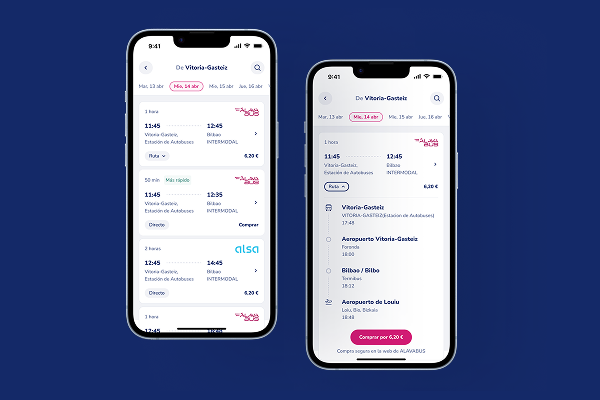 Dos iPhones con Sarebus: horarios de Vitoria-Gasteiz a Bilbao y el detalle de una ruta de Alavabus, sobre fondo azul