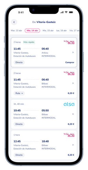 Móvil con resultados de búsqueda de autobús en Sarebus desde Vitoria-Gasteiz
